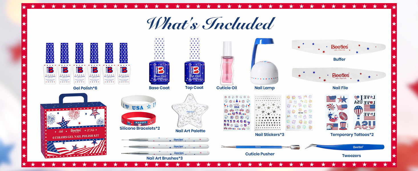 Beetles 6 HEMA-Free & TPO-Free gel nail polishes and all tools and nail arts you need to complete a 4th of July nails in Beetles Independence Day Gift Box