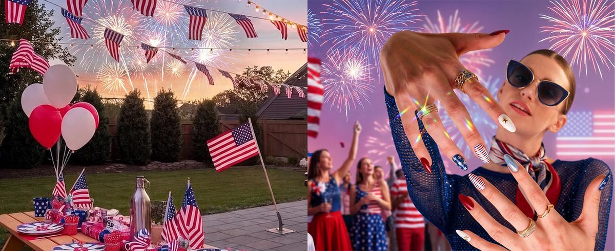 Festive Independence Day celebration scene with fireworks, beach, and red-white-blue holiday decorations, and a wonderful beetles 4th of July nails