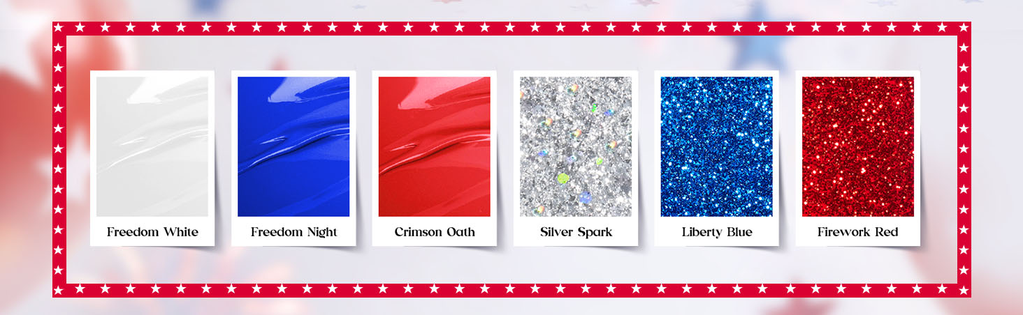 Beetles 6 HEMA-Free and TPO-Free gel nail polishes in Independence Day colors: Freedom White, Freedom Night, Crimson Oath, Silver Spark, Liberty Blue, and Firework Red