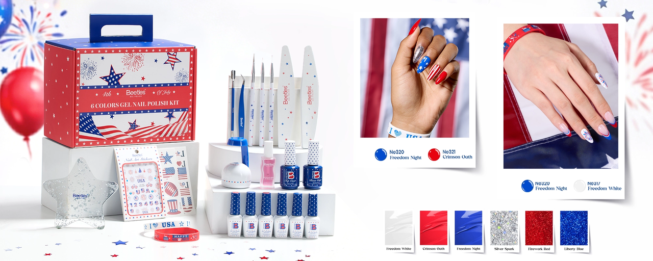 Beetles 4th of July 6-color gel nail polish kit — patriotic red white blue shades with USA-themed accessories, bracelets, and star stickers