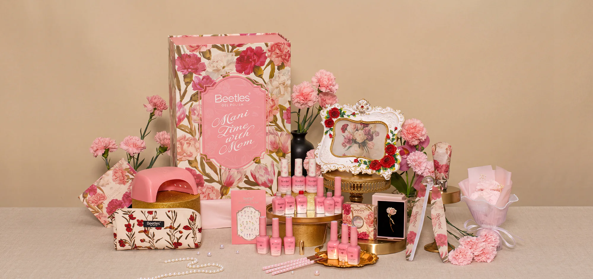 Beetles Mani Time with Mom Mother’s Day Gift Box with gel polishes, lamp, tools, and keepsakes.