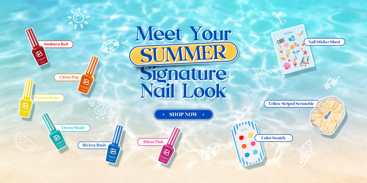 Beetles Summer Voyage Collection gel nail polish — six summer shades including Sunburn Red, Citrus Pop, and Ocean Shade with themed stickers and scrunchie