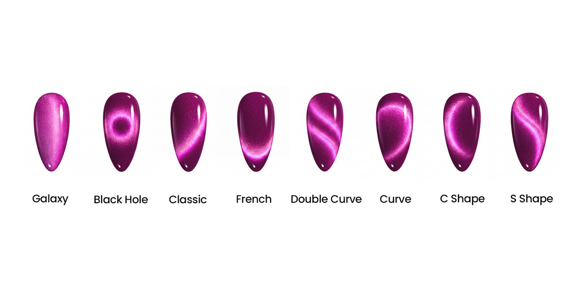 Cat eye nail art effects including Galaxy, Black Hole, Classic, French, Double Curve, Curve, C Shape, and S Shape magnetic designs.