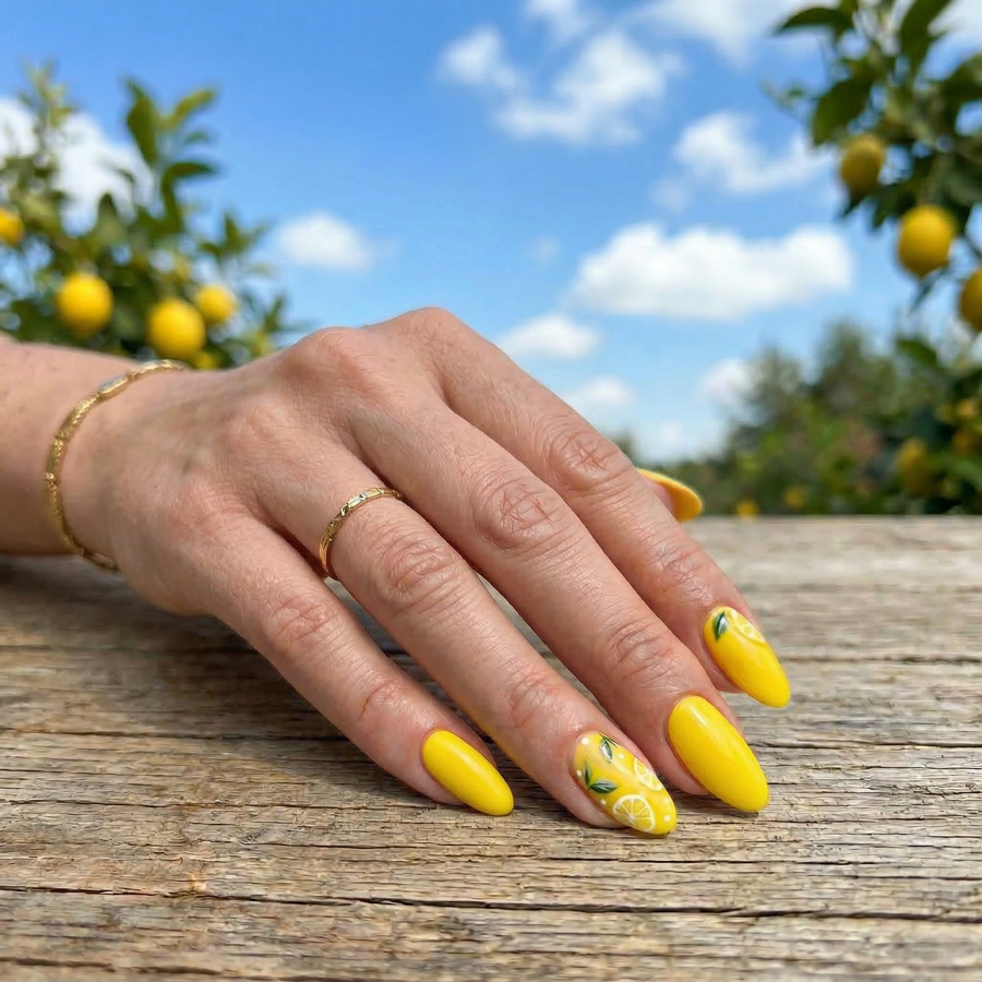 Bright yellow nail polish with hand-painted lemon designs