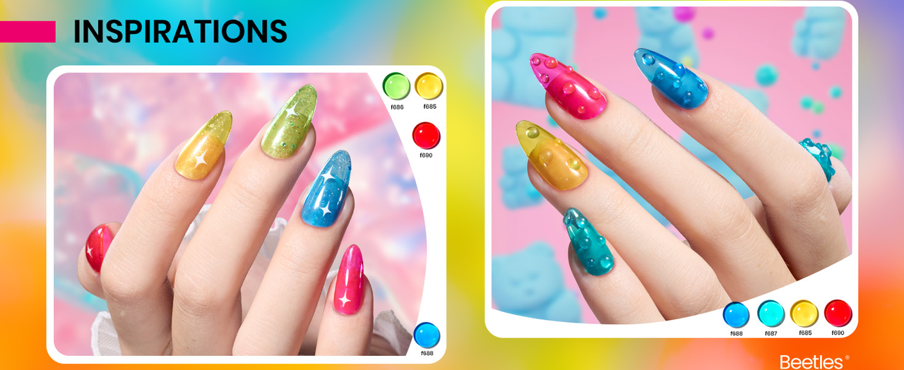 Colorful ocean-themed nail art with sparkles or water drops