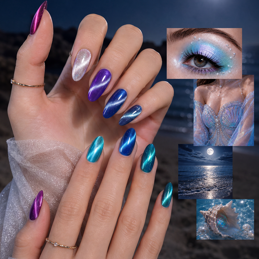 Beetles Sea Witchery Siren Song collection - dark siren nails gel polish set with midnight blue and deep purple cat eye nails