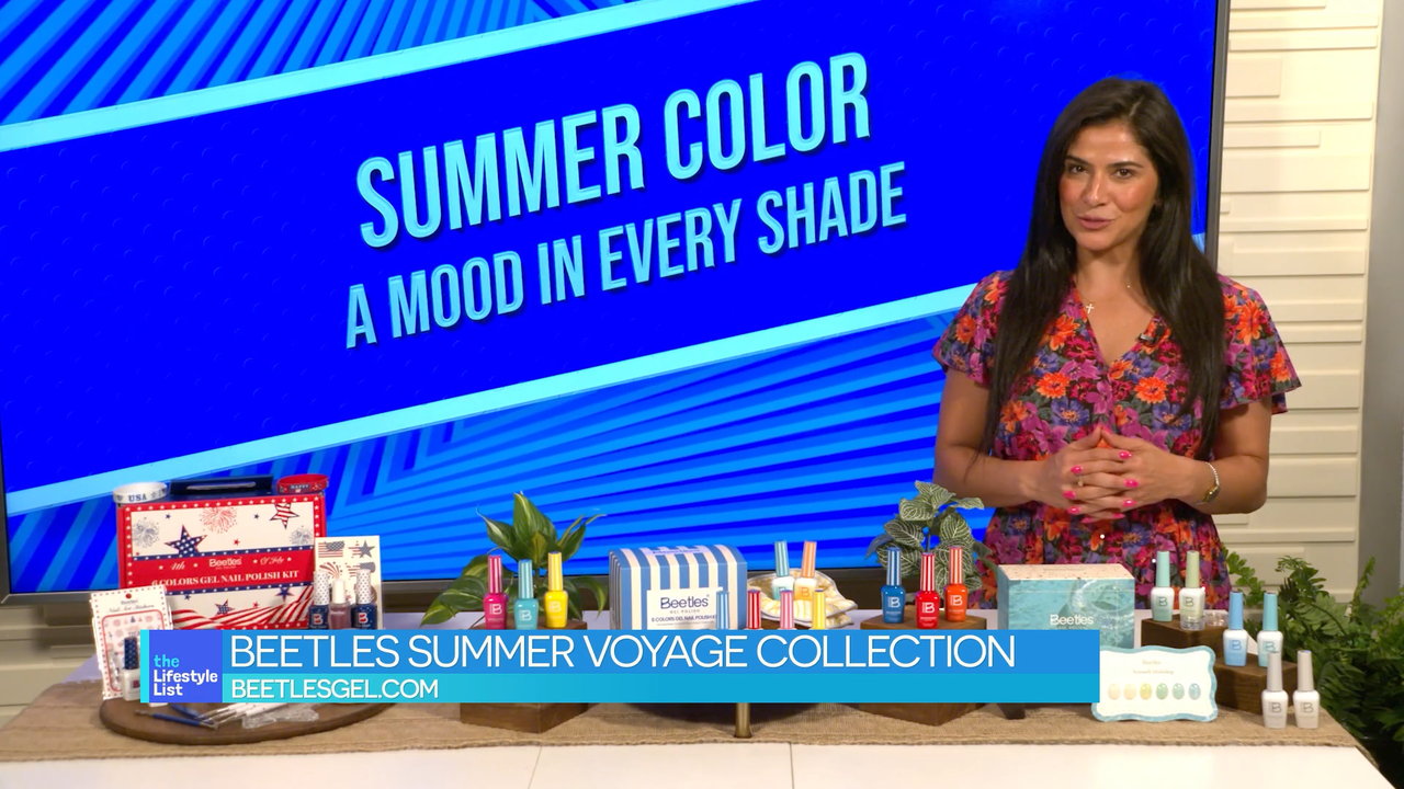 Daytime TV show segment featuring Beetles Summer Voyage Collection — gel nail polish display on set