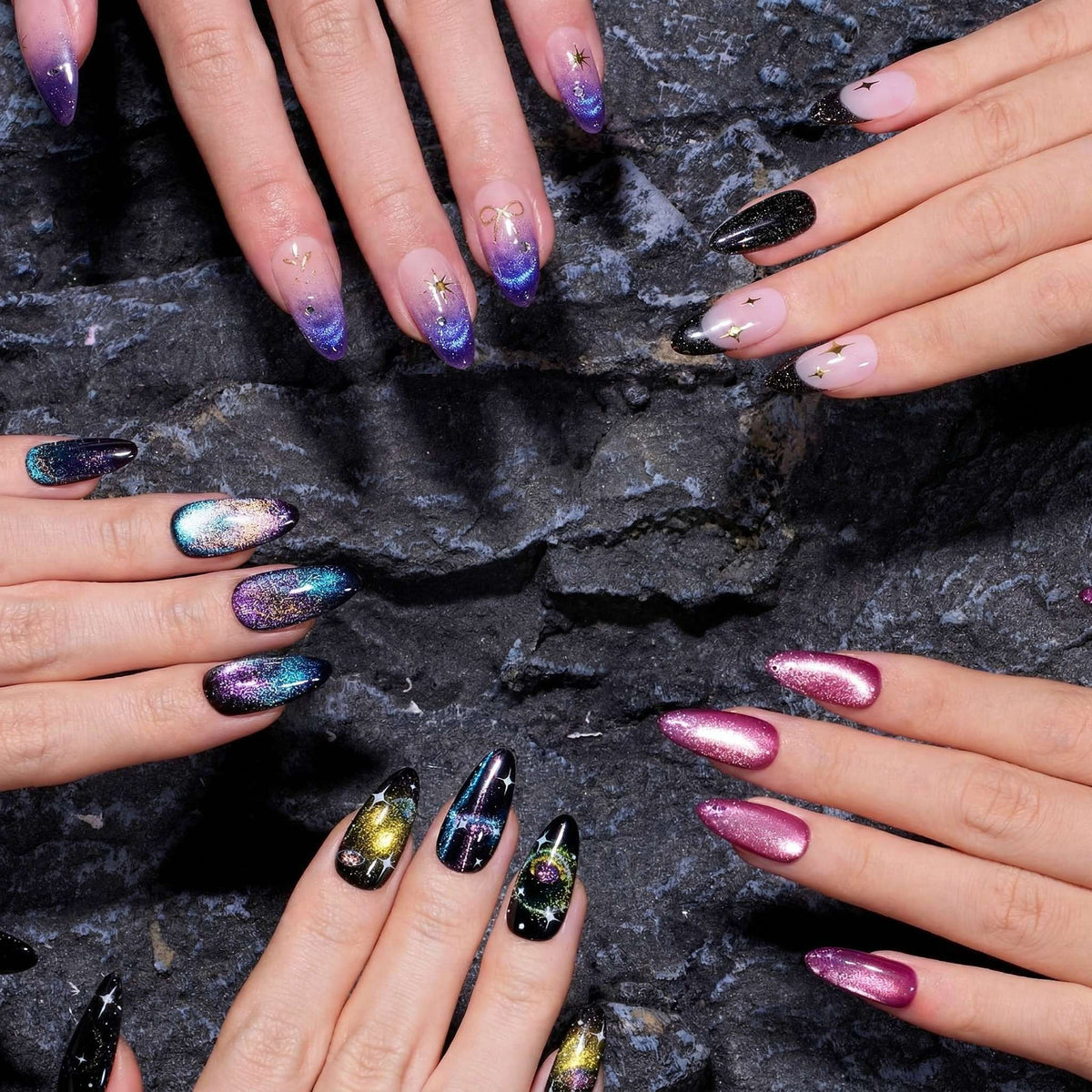 hot pink cat eye nails, galaxy cat eye nails, black glitter nails, and more different glitter nail designs by Beetles 20-color glitter gel nail polish set.