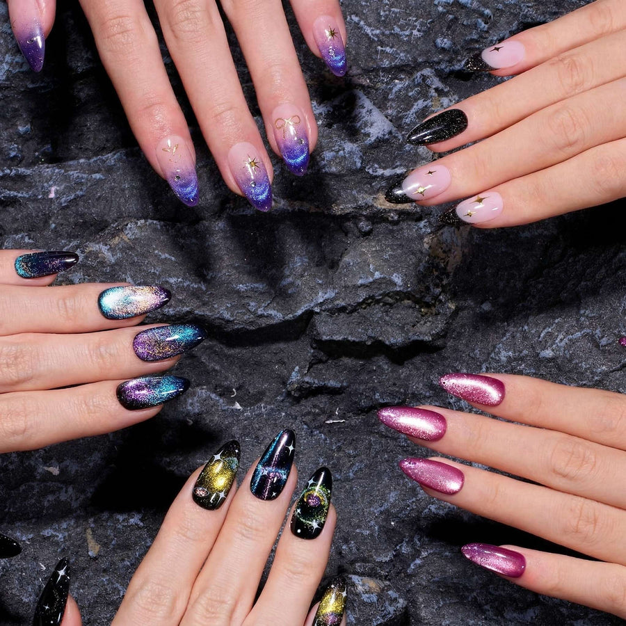 hot pink cat eye nails, galaxy cat eye nails, black glitter nails, and more different glitter nail designs by Beetles 20-color glitter gel nail polish set.