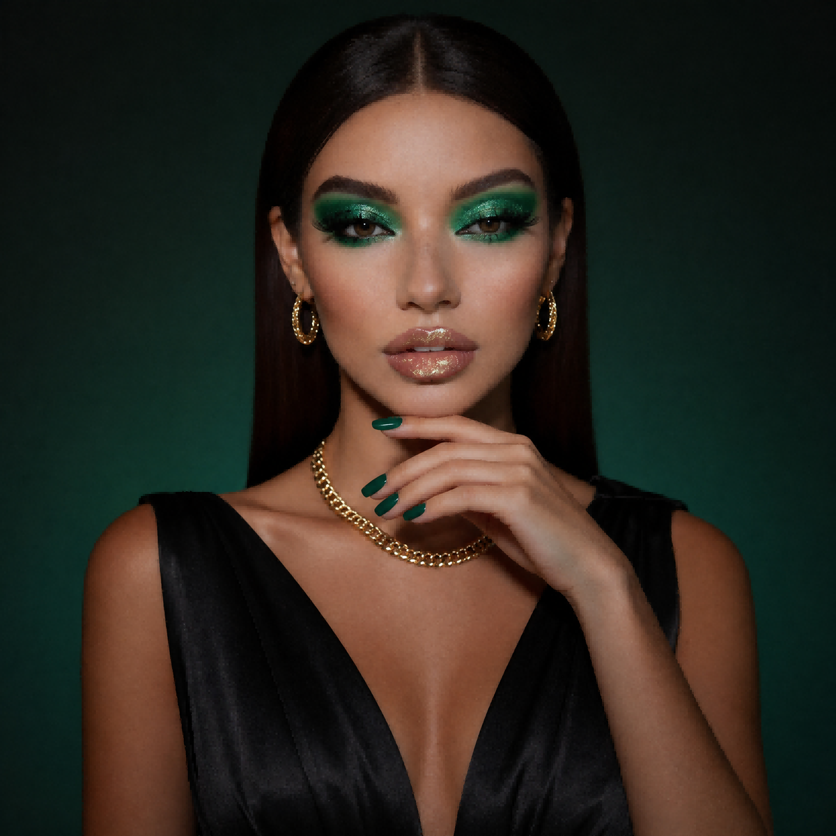 Emerald green nails with deep, saturated green and high‑shine finish