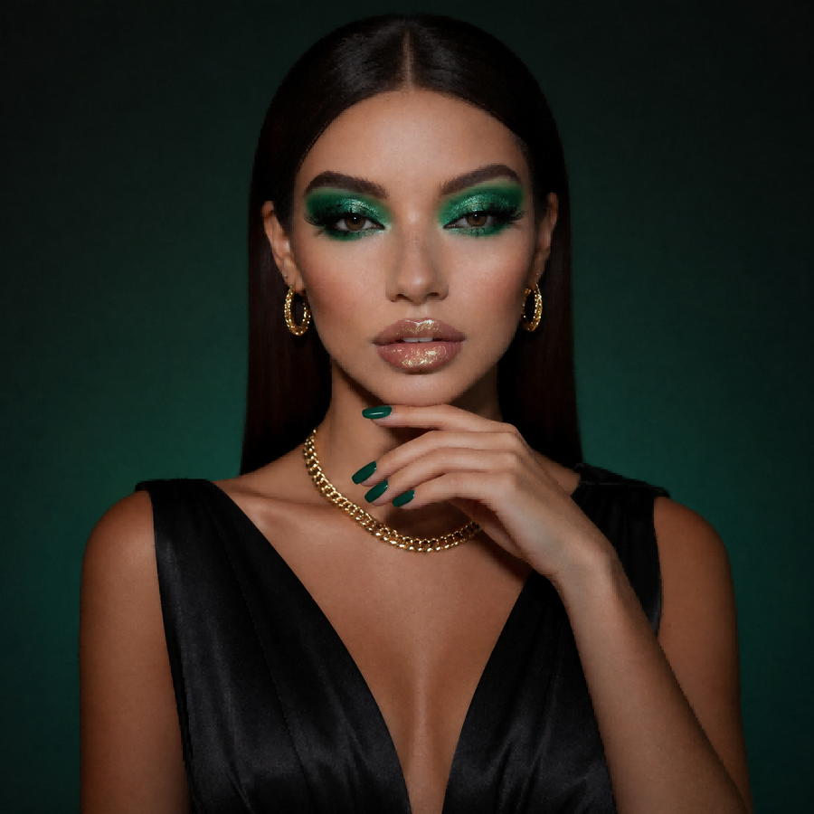Emerald green nails with deep, saturated green and high‑shine finish