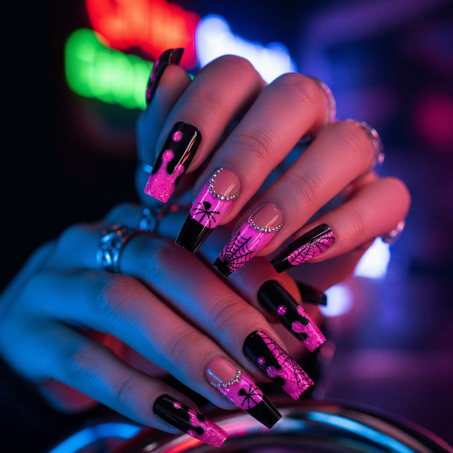 glow-in-the-dark neon nails pink