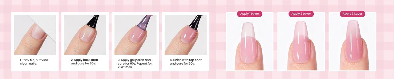 Step-by-step jelly gel nails application, layering translucent gel tutorial