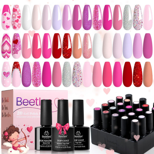 Alluring Sweetie-20 Gel Colors Set Valentines Nails with Top and Base Coat (5ml/Each)