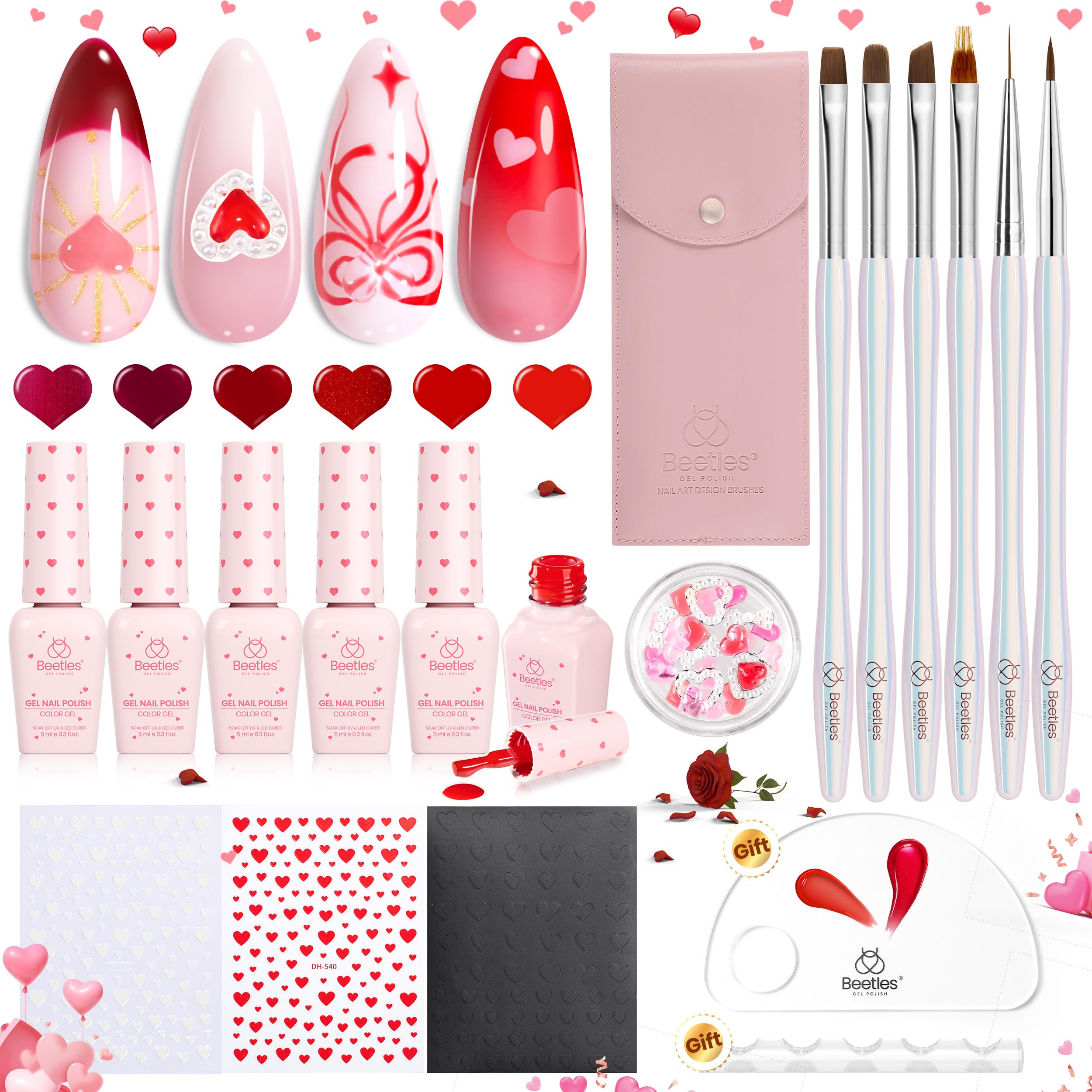 Super Value Valentines Nails Gift Box Nail Art Brushes Set with 6 Colors Gel Polish Kits（total 18pcs）