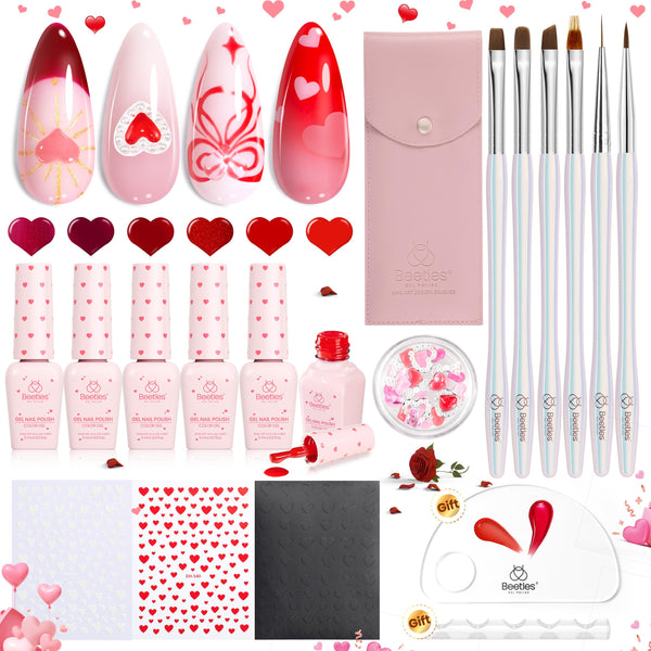 Super Value Valentines Nails Gift Box Nail Art Brushes Set with 6 Colors Gel Polish Kits（total 18pcs）