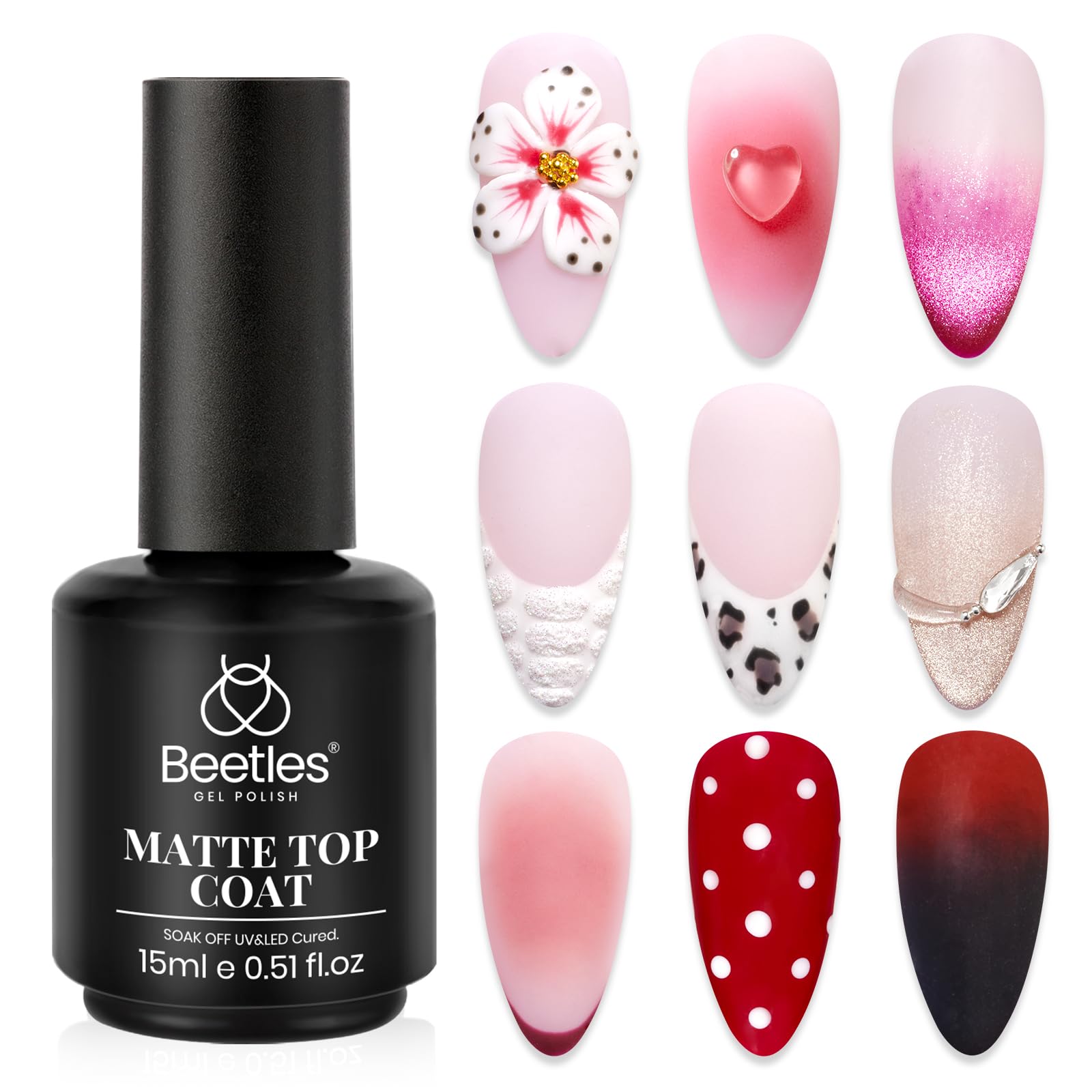 Beetles Matte Gel Top Coat for Gel Nail Polish - 15ML Chrome Proof Matte Top Coat No Wipe Powder-Resist Matte Finish