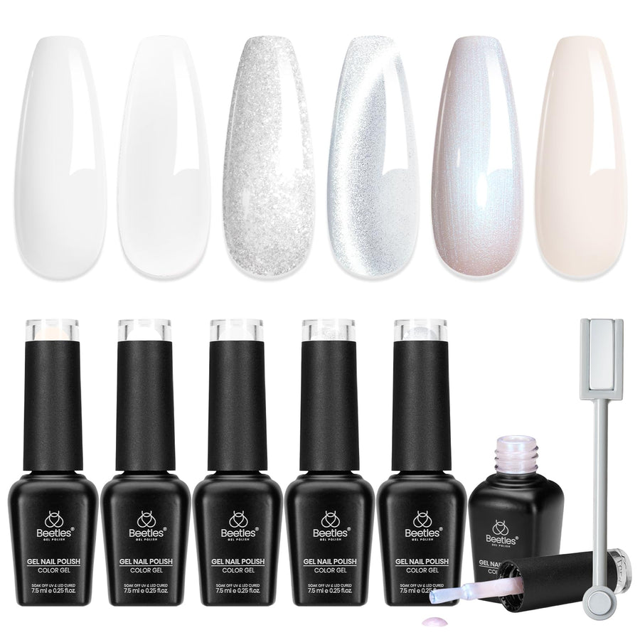 Beetles White Gel Nail Polish Set 6 Colors Milky White Silver Glitter Pearl Cat Eye