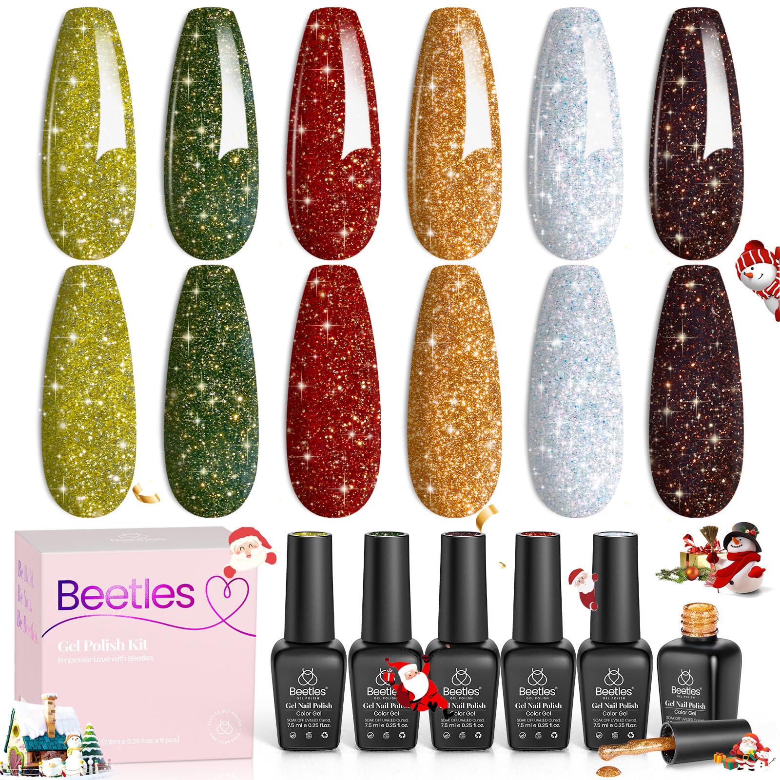Beetles Gel Polish Vintage Luminary Winter Nails - 6 Colors Sparkling Red Gold Green Reflective Long-Lasting Set