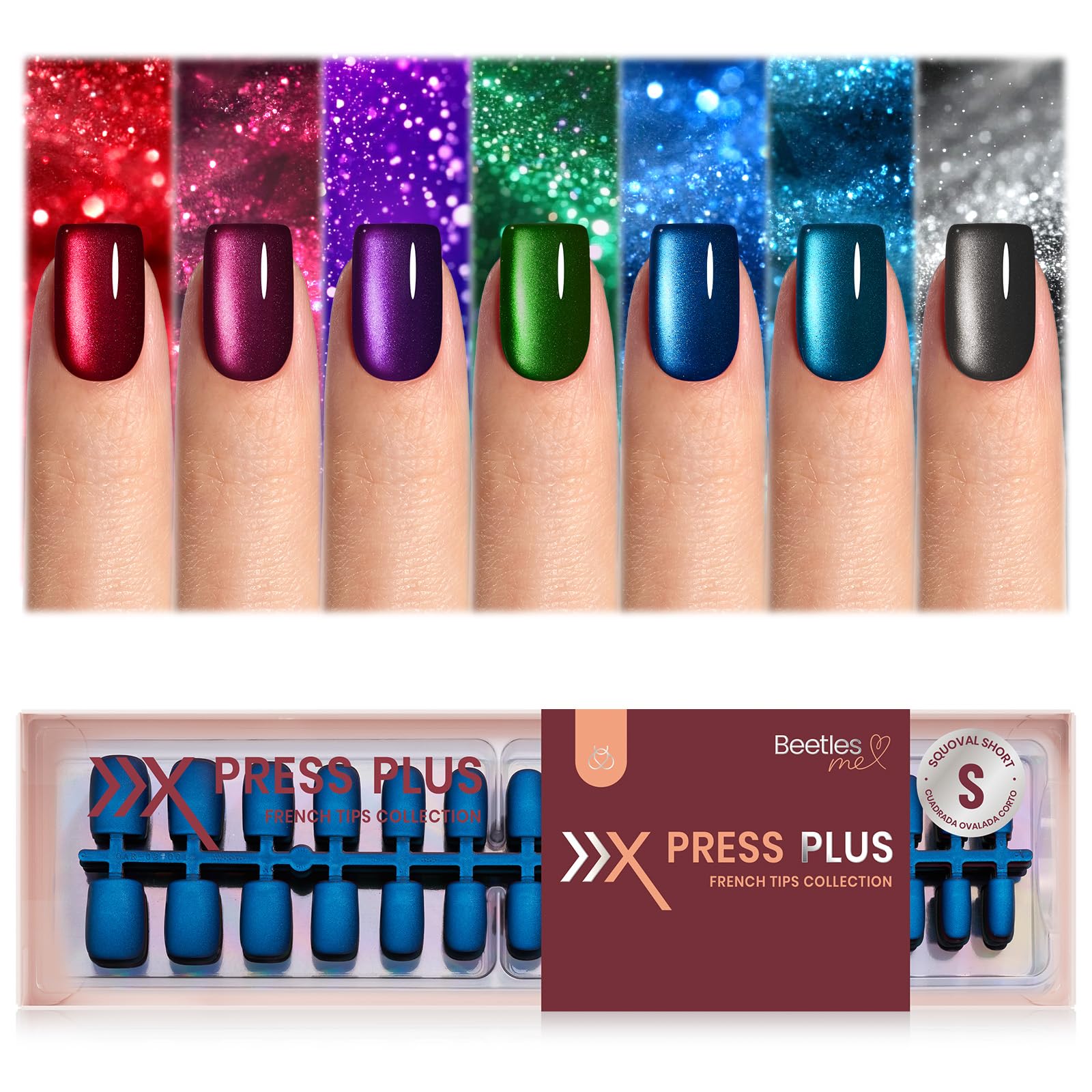 Beetles Cat Eye Nails - 16 Sizes 224 Pcs 7 Colors Short Square Press On Nails Natural Salon Quality