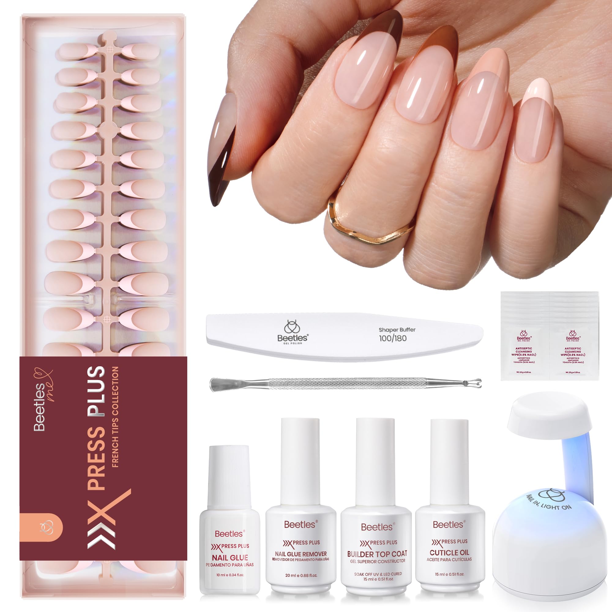 Beetles Press On Nails Kit - Nails Cappuccino Mousse French  224Pcs 16 Sizes 7 Colors Medium Almond French Tip Press On Nails
