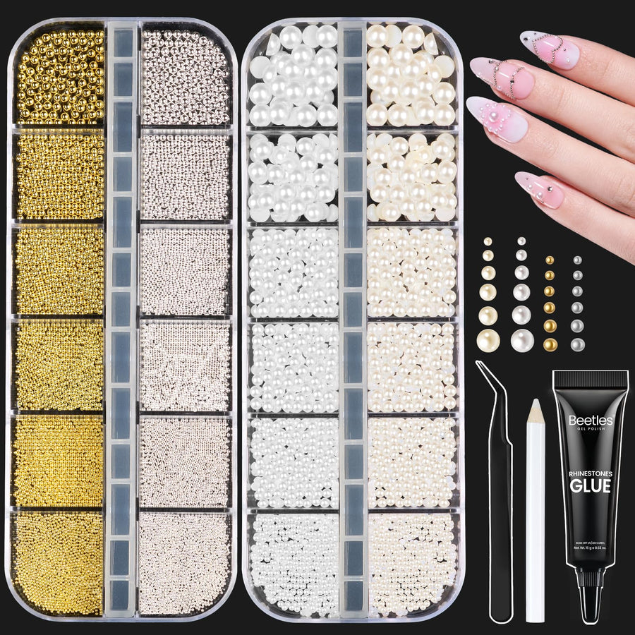 Beetles 3D Nail Charms Gold Silver Nail Beads and White Pearl with 15g