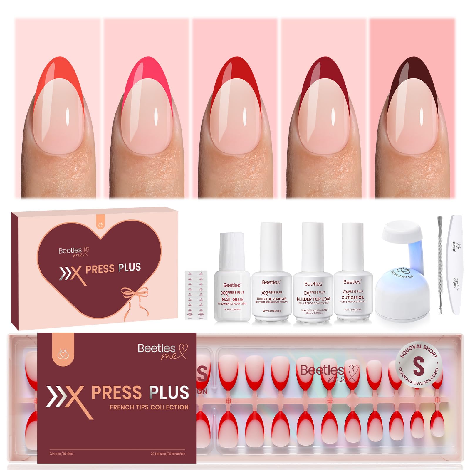 Beetles X Press Plus Gel Nails Kit Rouge French - 160Pcs 16 Sizes All-in-One Kit 5 Colors Christmas Press On Nails Short Almond