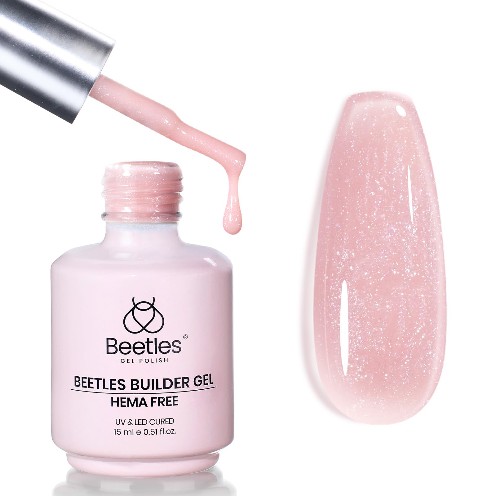 Beetles Builder Gel HEMA Free-Lady with Dreams Glitter Pink 0.51 oz 8 in 1 Nail Thickening Strengthening Building Apex for Beginner DIY Salon at Home, Pink Builder Nail Gel, UV & LED Lamp Cured