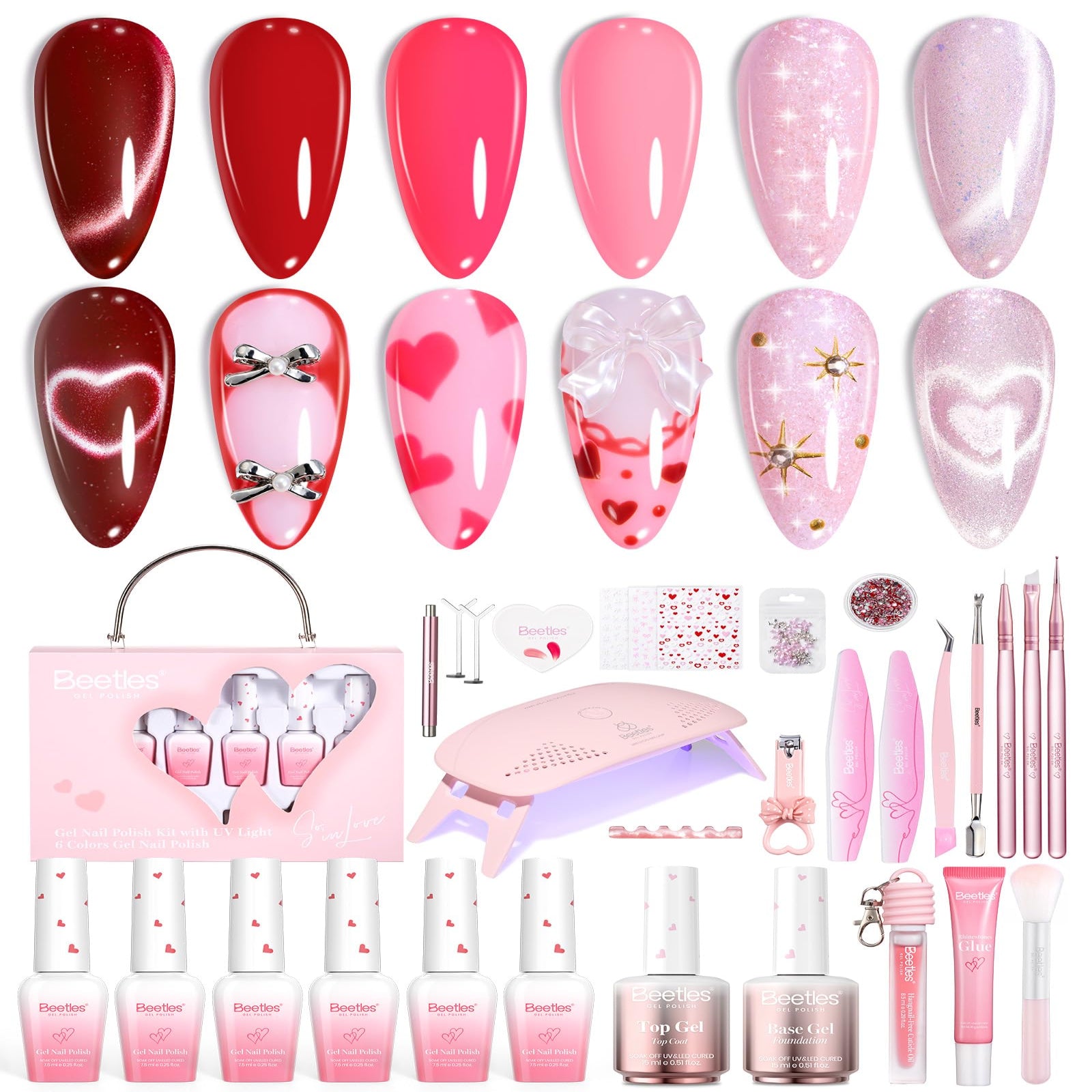 Beetles Gel Nail Starter Kit 6 Colors Red Cat Eye Gel Pink Jelly Glitter 30 Pcs All-in-One Mani Kit
