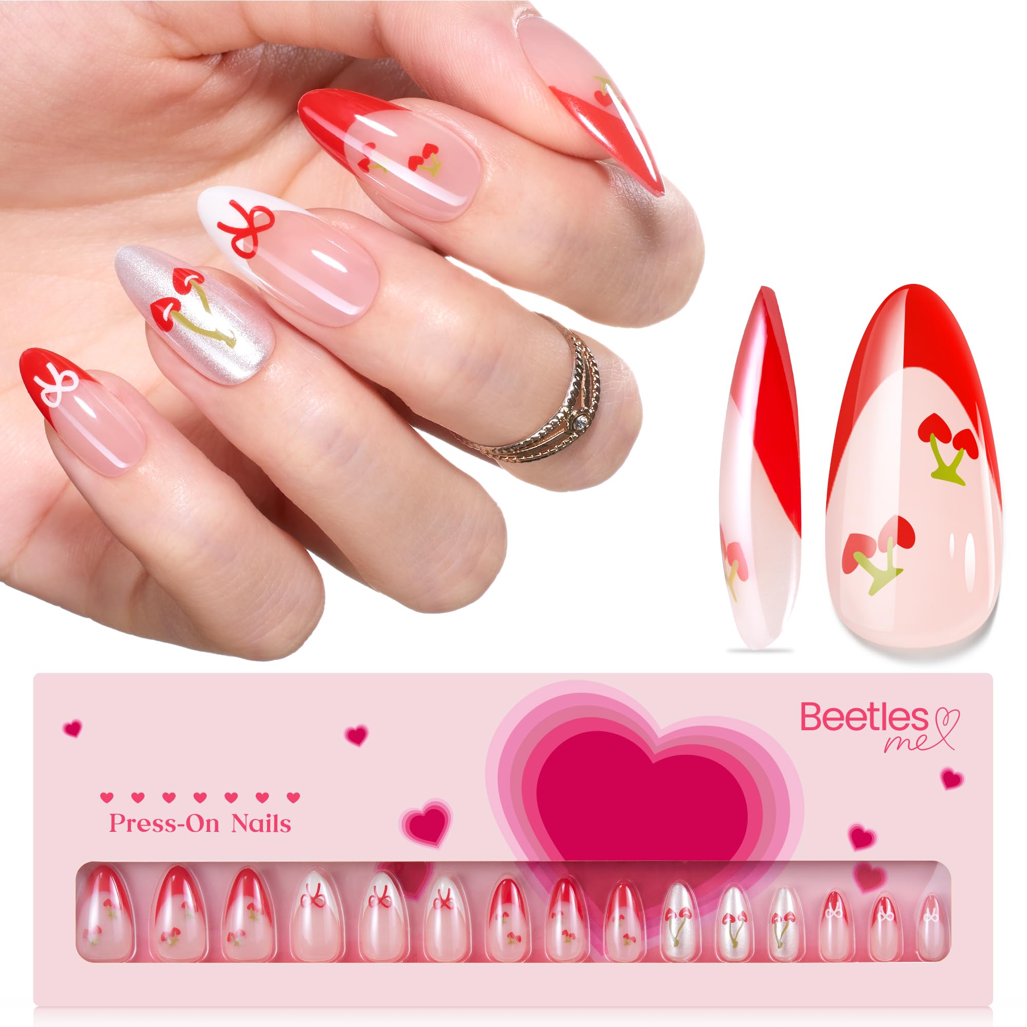 Beetles Valentine Cherry Red French Press on Nails | Medium Almond 15 Sizes-30Pcs