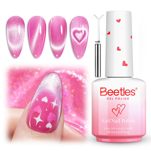 Beetles Sweet Crush Glow Pink Cat Eye Gel Nail Polish - 15ML Valentine Nails Pink Cat Eye Glitter Gel Polish