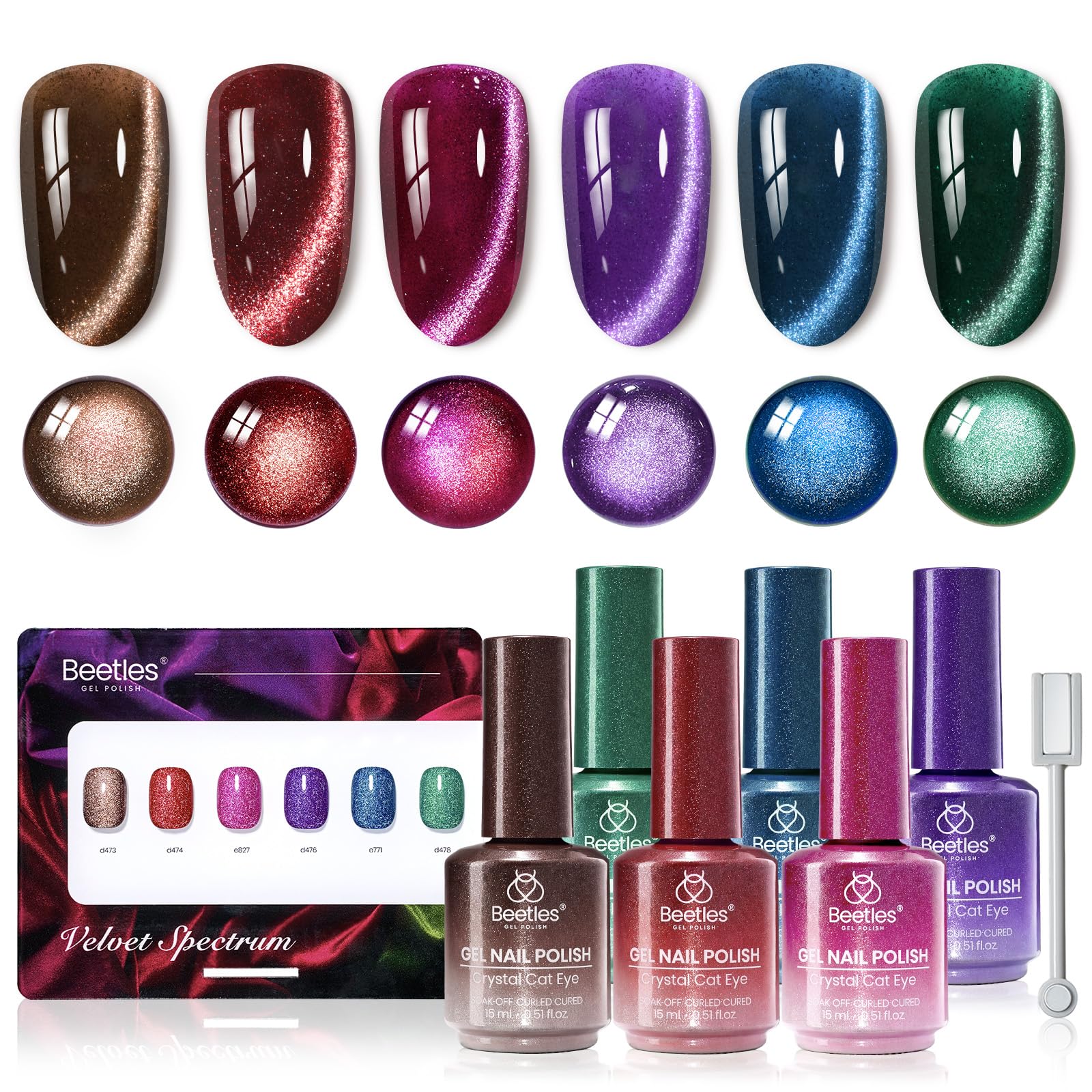 Beetles Cat Eye Gel Nail Polish Set - 6 Colors 15ML Glitter Gel Polish Kit Red Pink Brown Burgundy Purple Blue Green