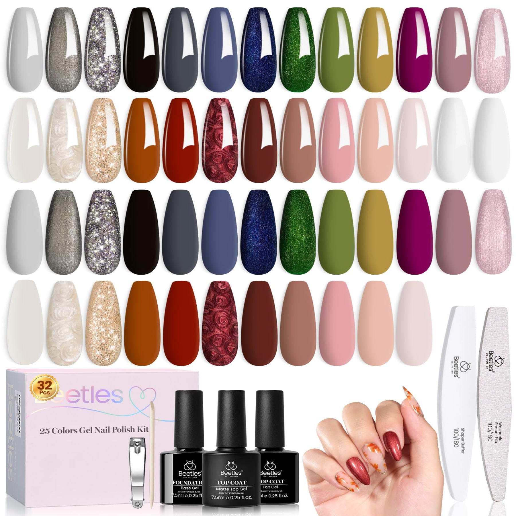 Beetles Gel Polish Gilded Veil collection Winter Nails - 33Pcs 25 Colors Black White Burgundy Blue Nude Grey Green Glitters Set
