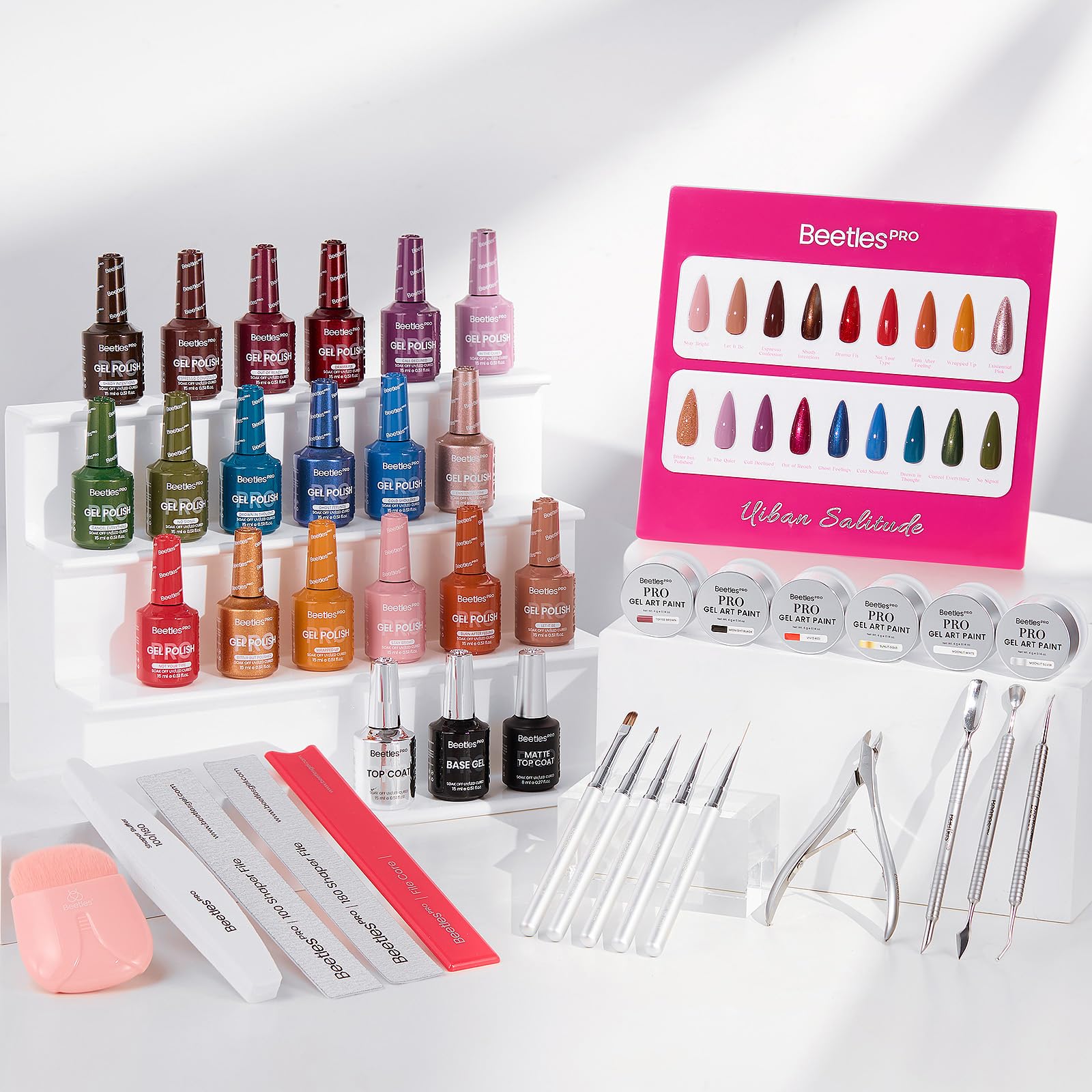 Beetles PRO Gel Polish Kit – Urban Solitude Collection 18 Colors 15ml Salon Polish Set with Base Coat