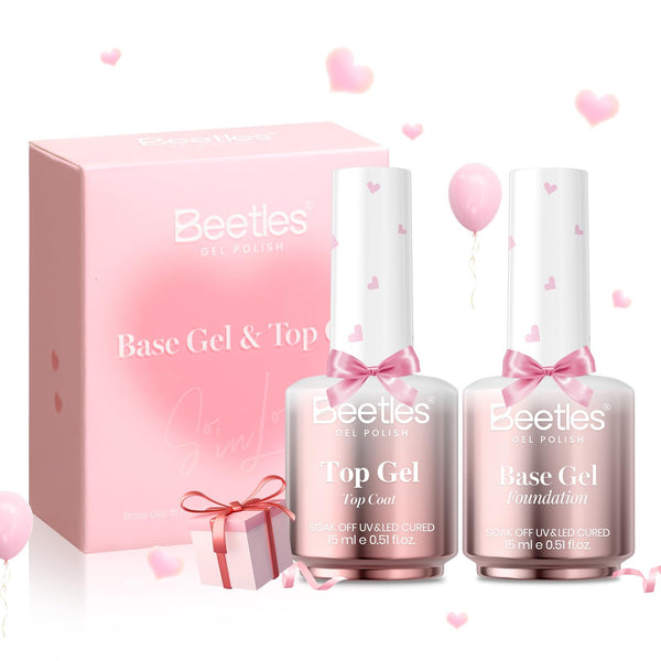 Beetles Valentines Limited Base & Top Coat Set - 2Pcs 15ml No Wipe for Valentine Nails