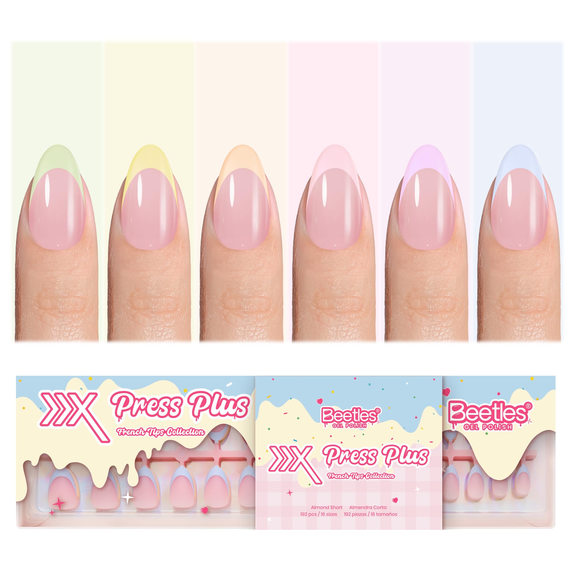 Beetles French Tips Press On Nails, Pastel Spring Nails Short Almond 6 Colors 192 Pcs, Spring Fake Nail Tips