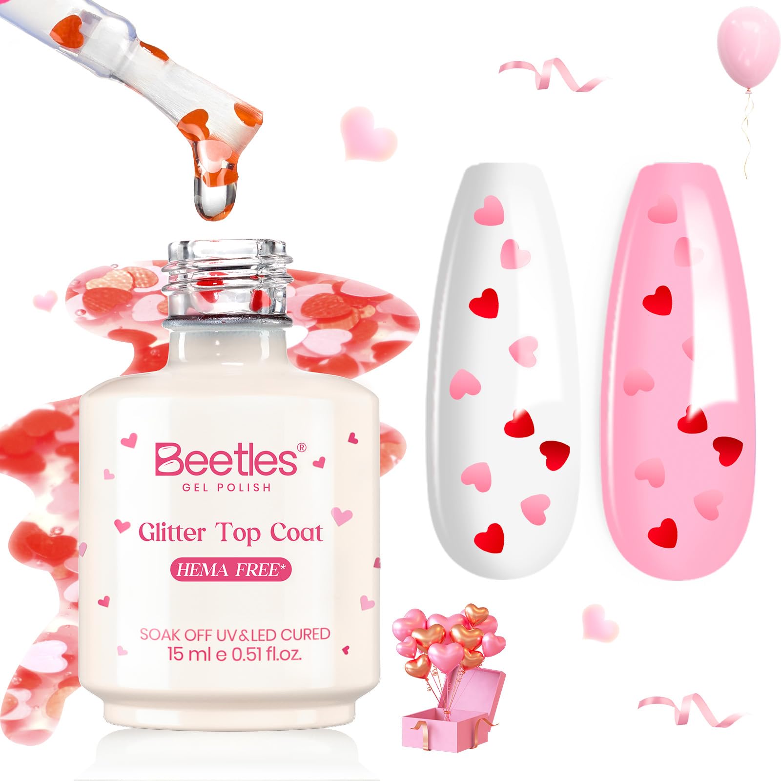 Beetles 15ml Glitter Top Coat - Valentine’s Limited Hema-Free Heart Confetti for Valentine Nails