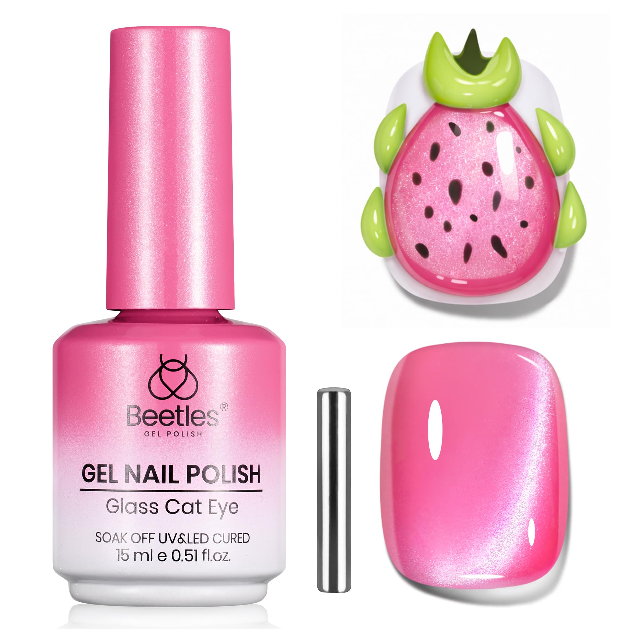 Beetles Pitaya Glow Pink Cat Eye Gel Nail Polish - 15ML Glitter Pink Cat Eye Spring Gel Polish Magnetic Shimmer