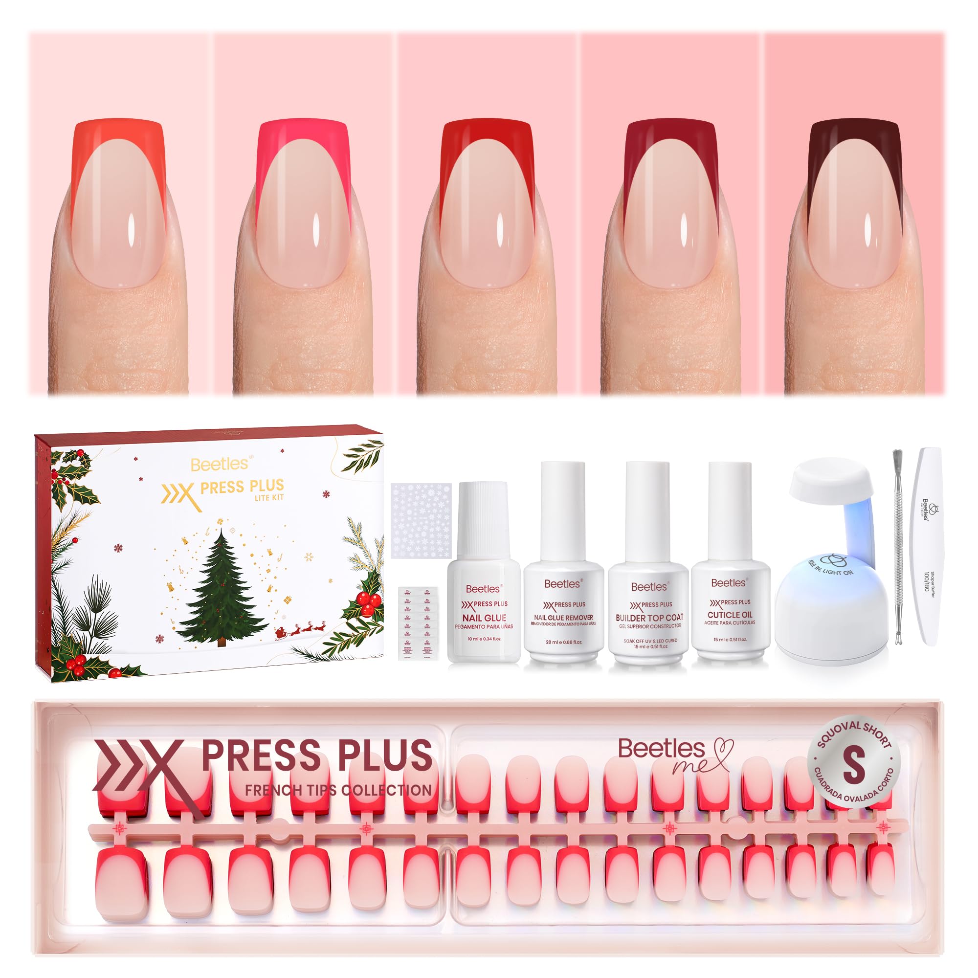 Beetles X Press Plus Red French Tip Nails Crimson French - 5 Colors Christmas Press On Nails Short Square 160Pcs 16 Sizes