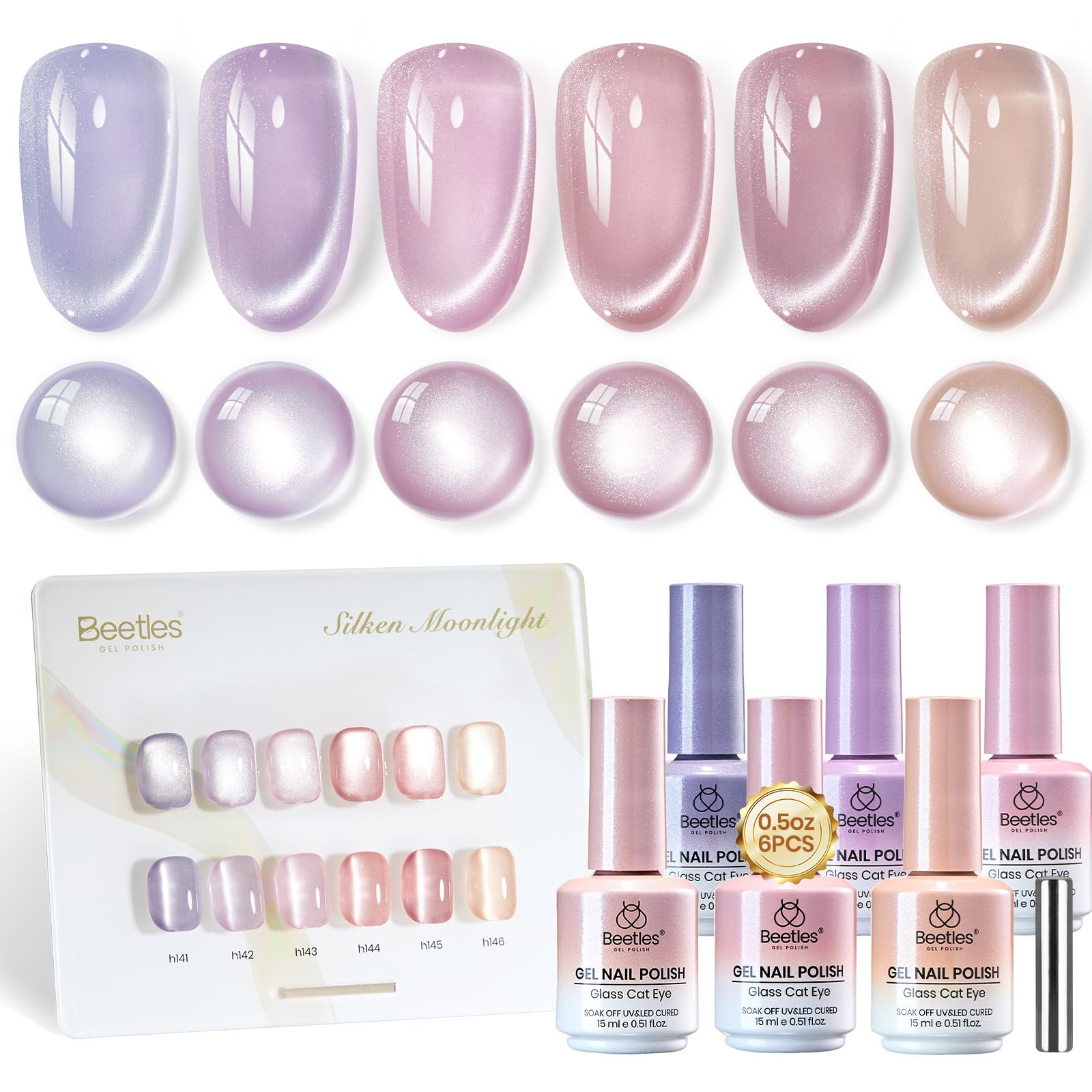 Beetles Gel Nail Polish Silken Moonlight Summer Nails 6 Colors 15ML Gold Purple Pink Nude Cat Eye Glitter Gel Polish Kit