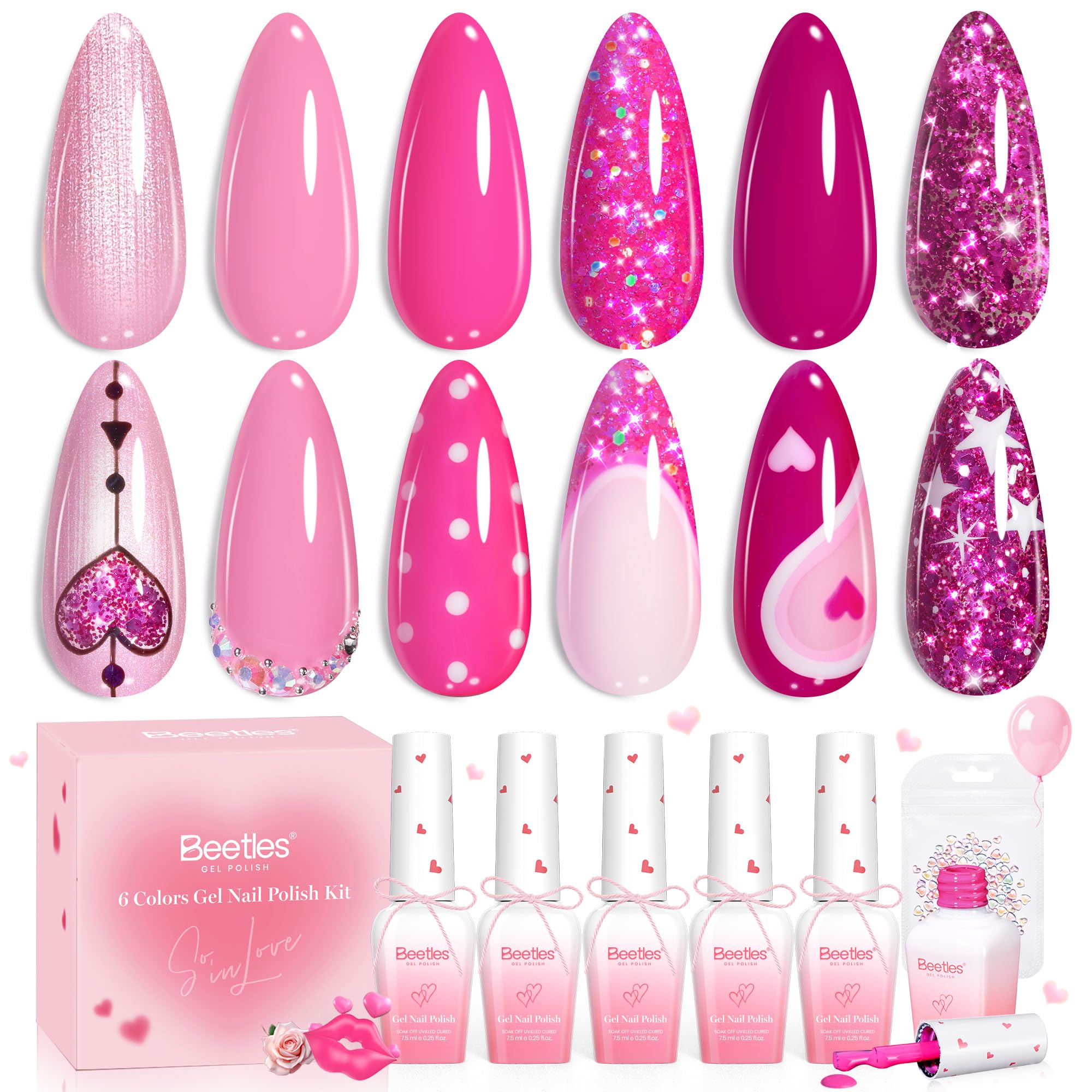 Beetles Valentine Nails Gel Polish Set - Pink Angel 6 Colors Pink Rose Nude Glitter Collection