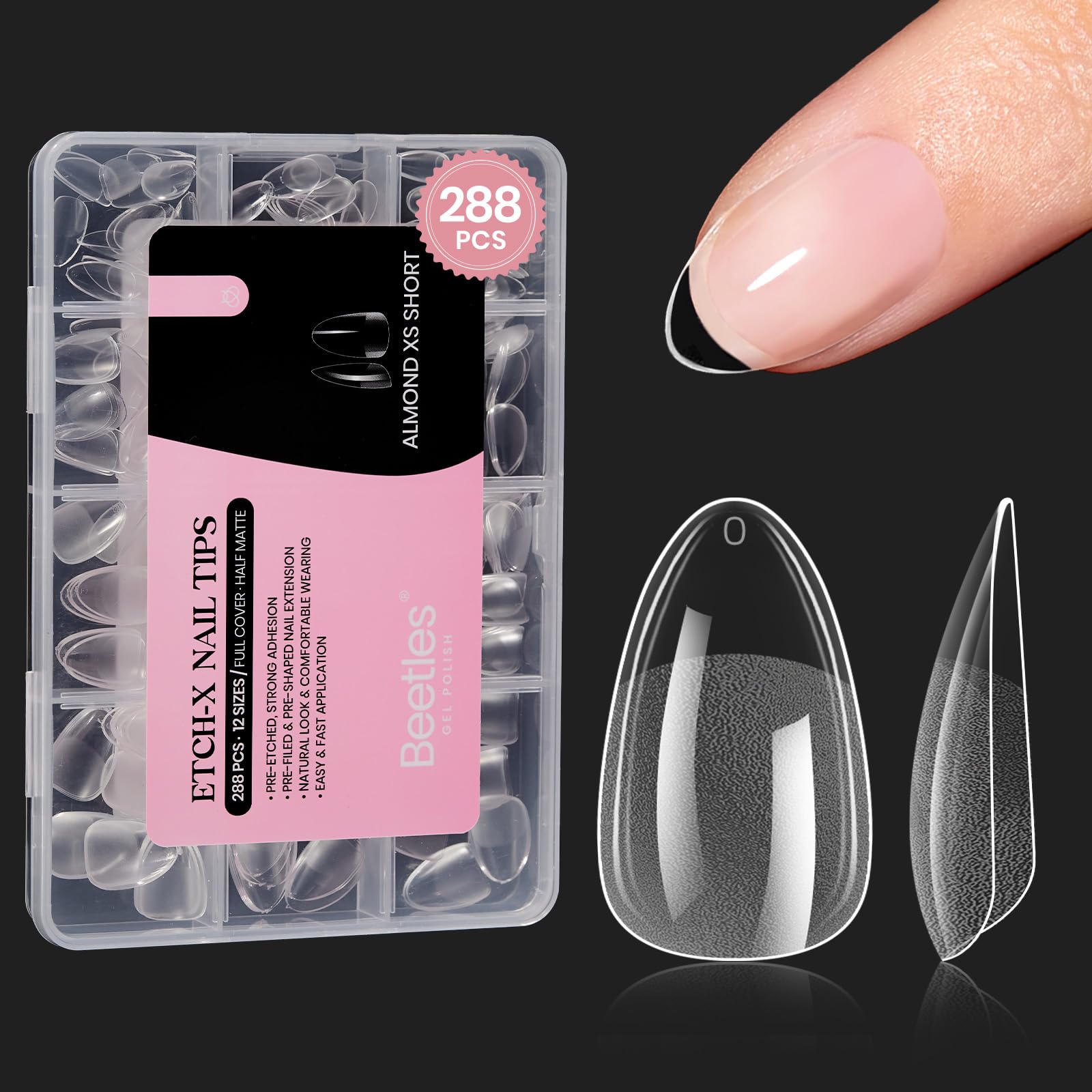 Beetles Extra Short Almond Nail Tips - 12 Sizes 288 PCS Pre-Shaped Clear Full Cover Etch Gel Nail Tips