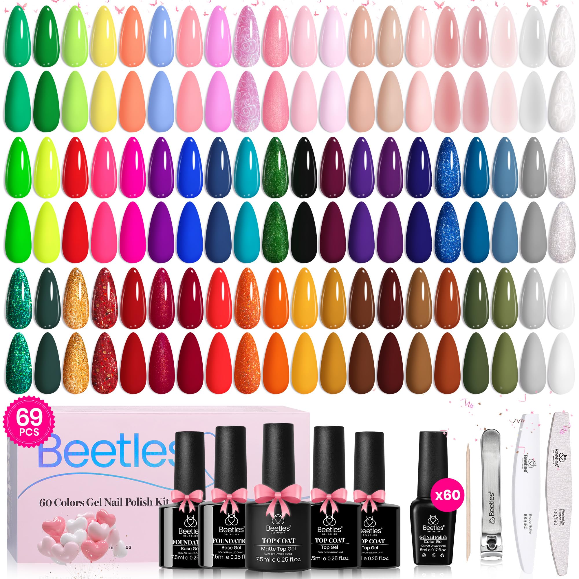 Beetles Gel Nail Polish Set | 60 PCS 60 Colors Long Wearing Neon Pastel 69pcs