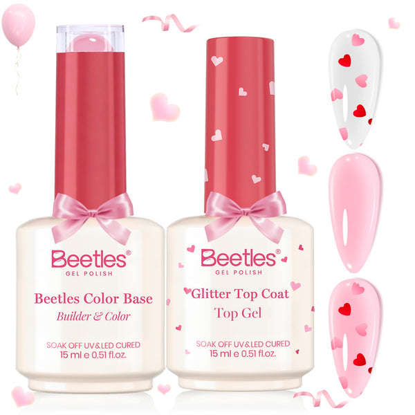 Valentine Nails Essential: Beetles Heart Glitter Gel Top Coat & Pink Rubber Base Builder Nail Gel Set