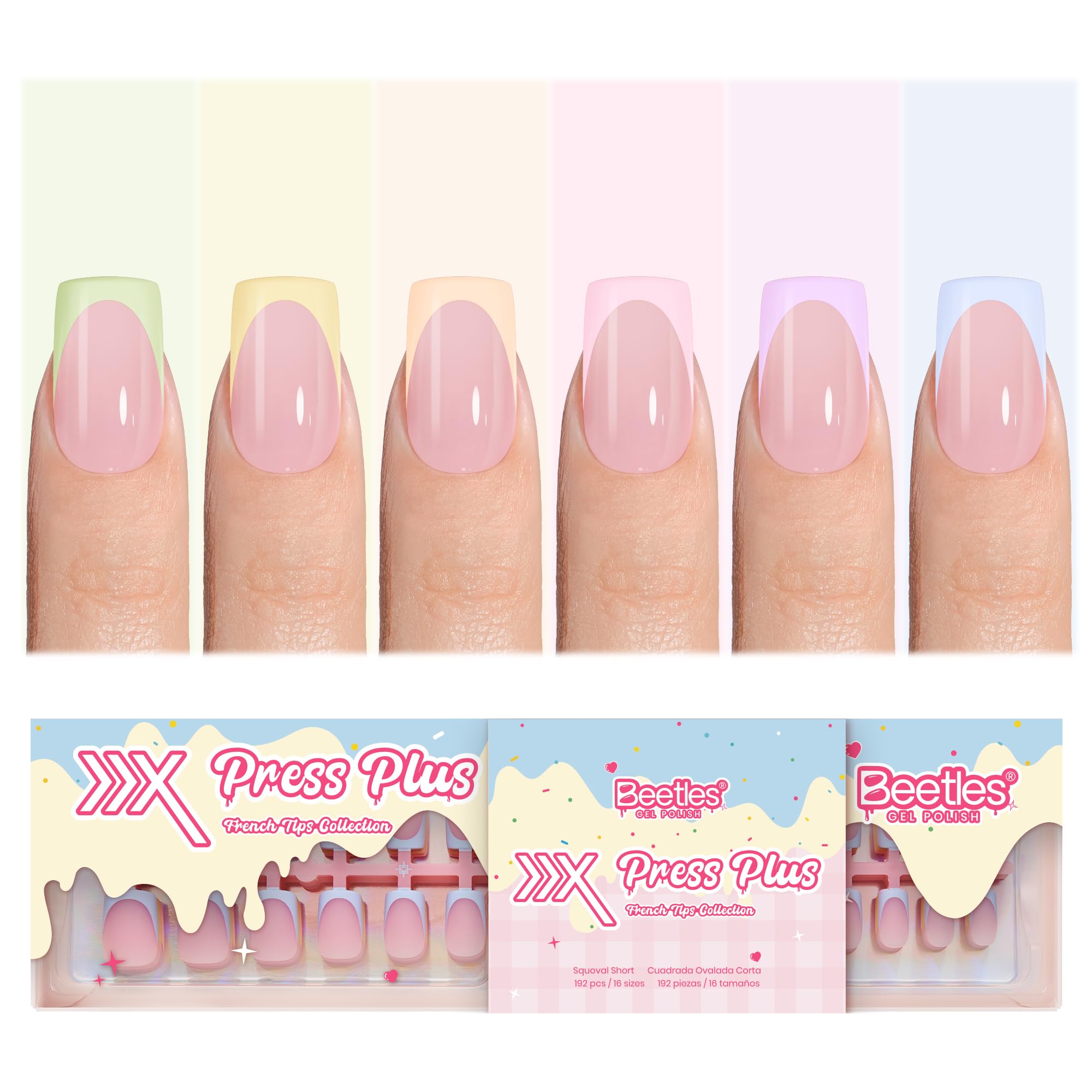 Beetles French Tips Press On Nails, Pastel Spring Nails Short Square 6 Colors 192 Pcs, Spring Fake Nail Tips