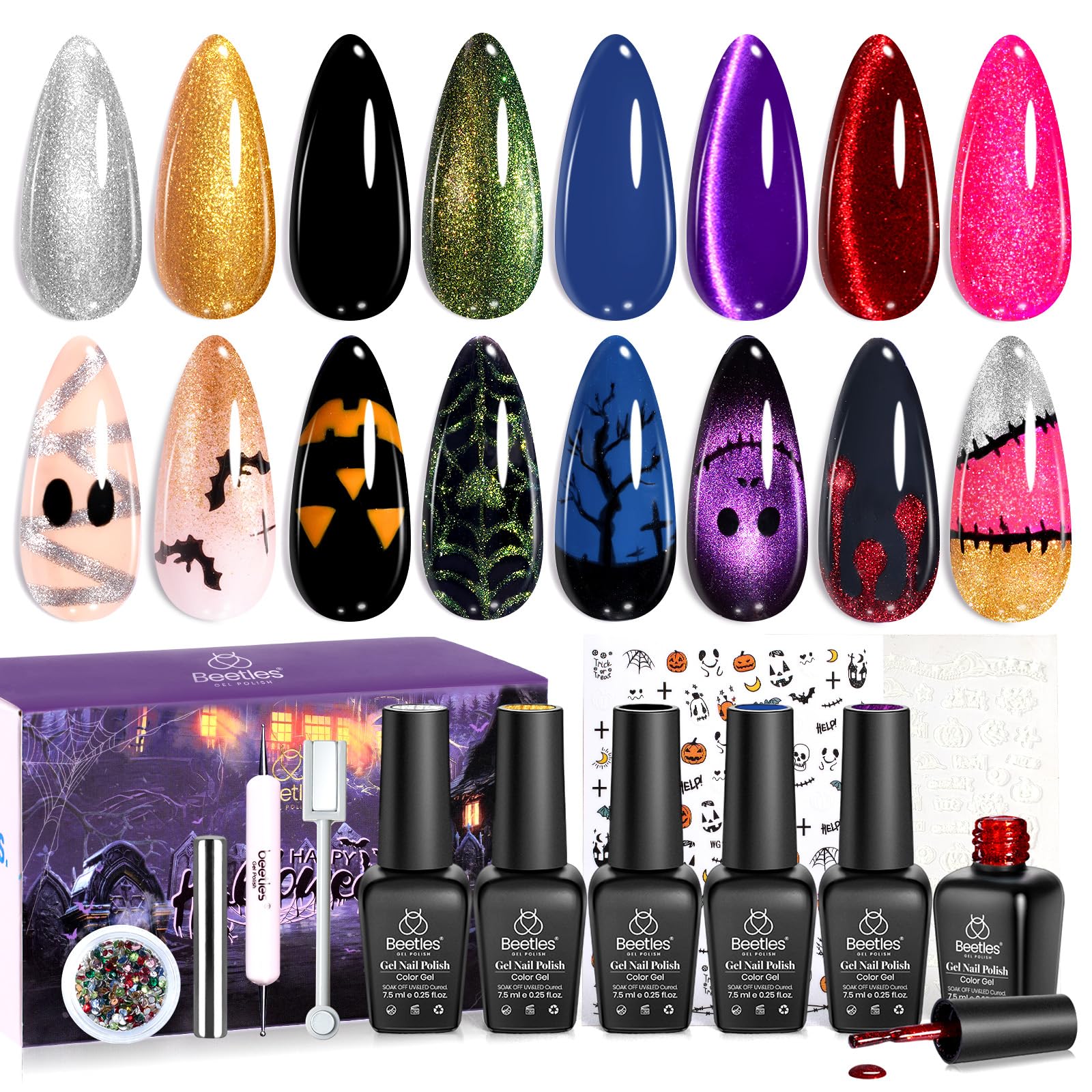 Beetles Halloween Wicked Mystic - 8 Colors Cat Eye Glitter Gel Nail Polish Set