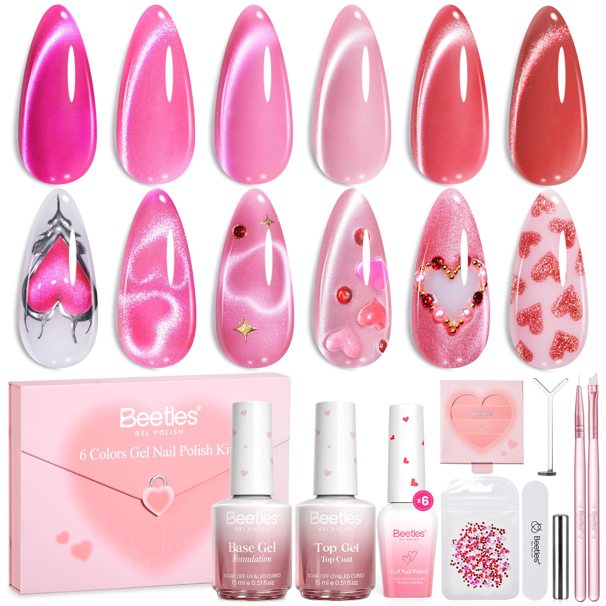 Beetles Love Signal Pink Gel Nail Polish Set - 6 Colors Valentine Nails Pink Cat Eye Glitter Gel Polish Kit