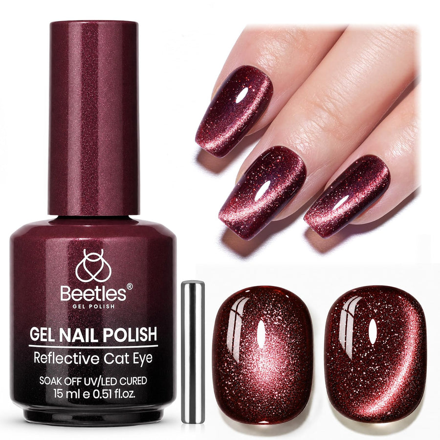 Beetles Burgundy Red Cat Eye Gel Polish Wine Glow 15ml Magnetic Nail Gel