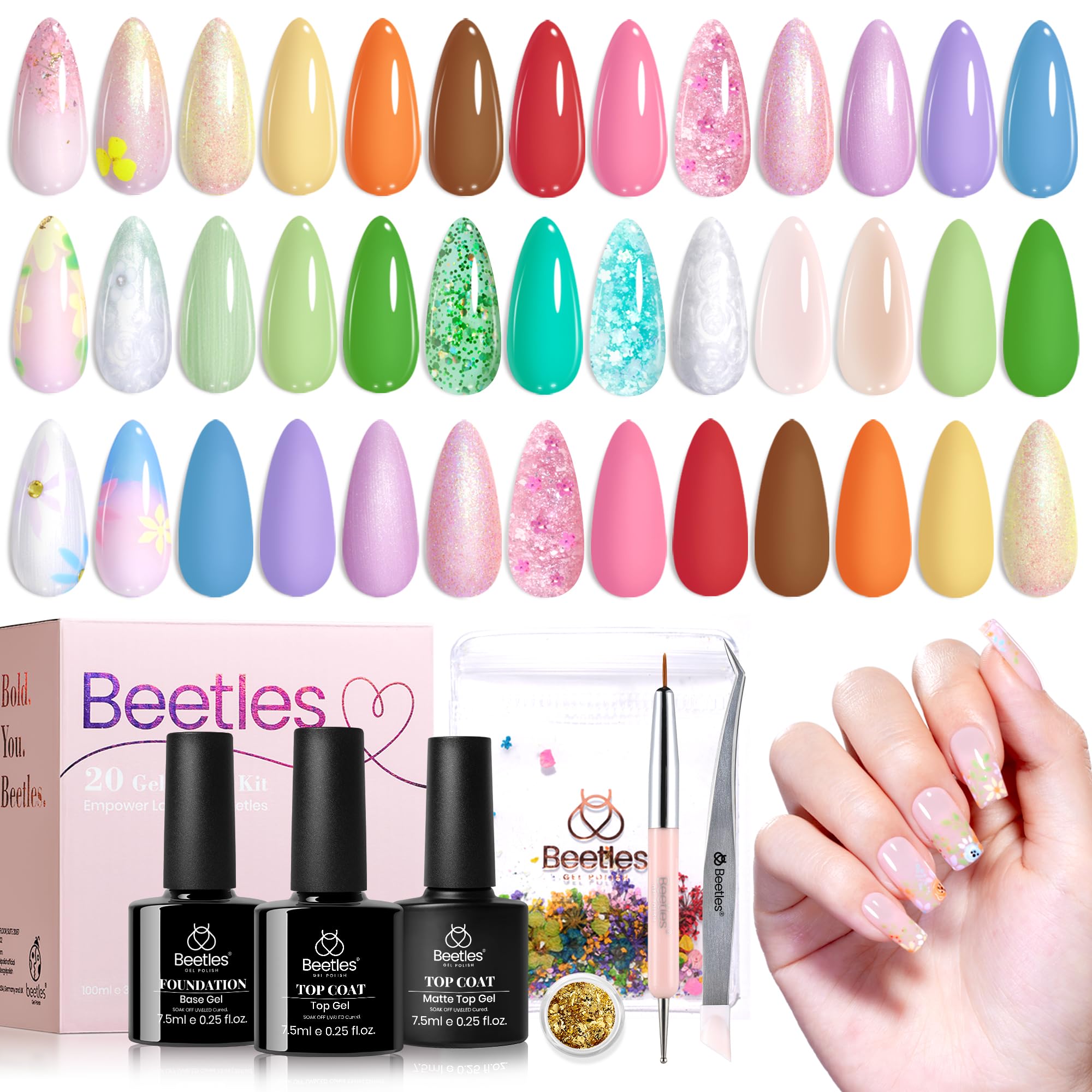 Embrace Nature With Dried Flower And Gold Foil- 20 Colors Gel Nail Polish Summer Nails Set