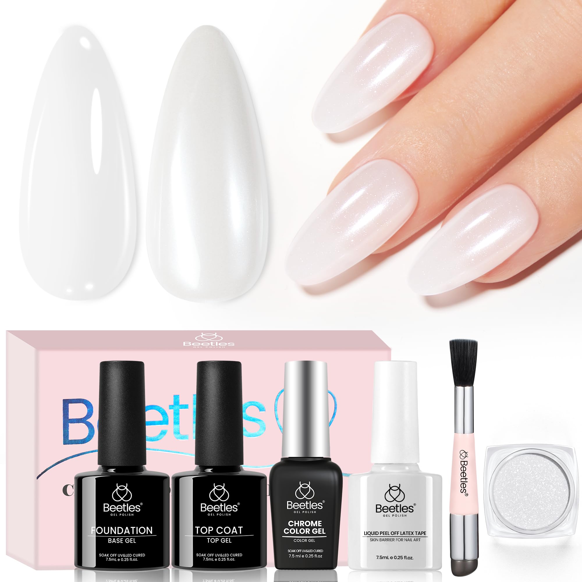 Milky White Gel Polish|7.5ml Beetles White Chrome Nail Powder Gel Polish Glitter